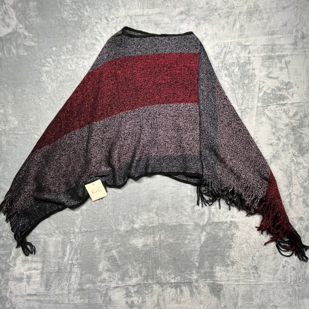 Riah Fashion Poncho Womens OS Burgundy Grey Black Metallic Fringe Colorblock New